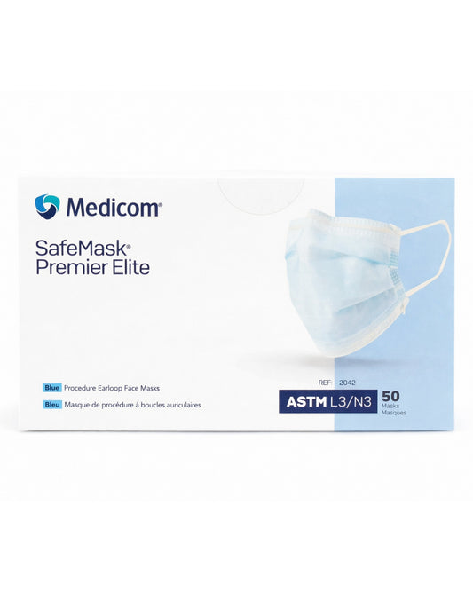 Medicom SafeMask Premier Elite blue procedure earloop face masks, ASTM L3/N3, 50 count