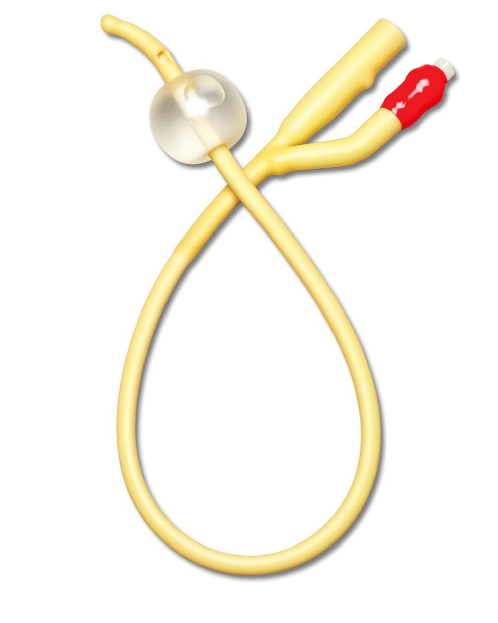 Yellow Foley catheter with balloon and red valve for medical use