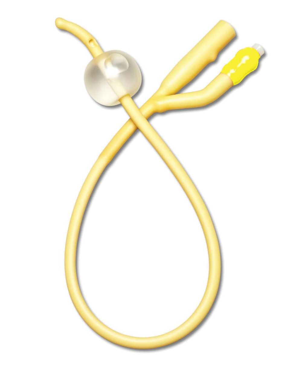 Yellow Foley catheter with balloon for urinary drainage, medical supply