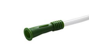 Green medical suction catheter tip with clear flexible tubing on white background