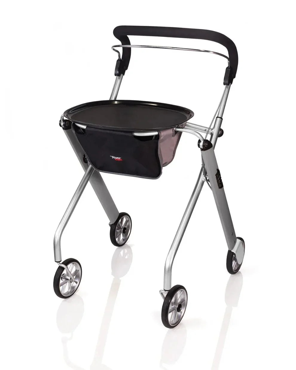 Compact indoor rollator walker with four wheels, padded handle, and a storage bag