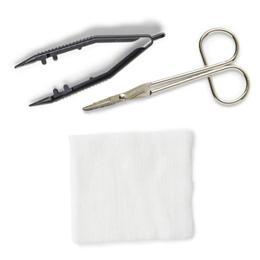 Medical tweezers, scissors, and gauze pad for home care and wound treatment supplies