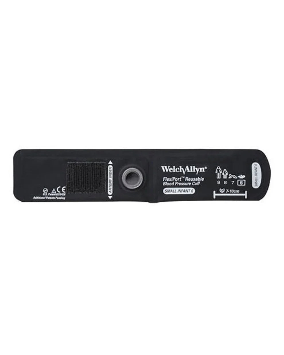 Small black reusable blood pressure cuff with Velcro, labeled for infants, no tube attached