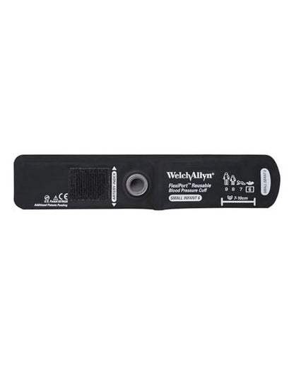 Small black reusable blood pressure cuff with Velcro, labeled for infants, no tube attached