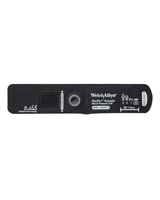Small black reusable blood pressure cuff with Velcro, labeled for infants, no tube attached