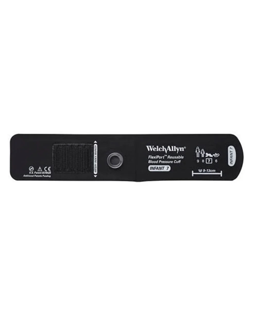 Reusable black blood pressure cuff for infants, FlexiPort model, with Velcro and port opening