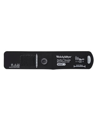 Reusable black blood pressure cuff for infants, FlexiPort model, with Velcro and port opening