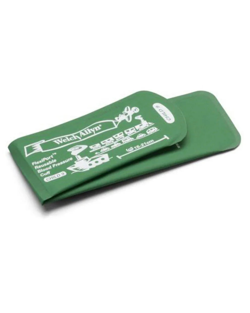 Green reusable blood pressure cuff for children, size 9, displayed on white background