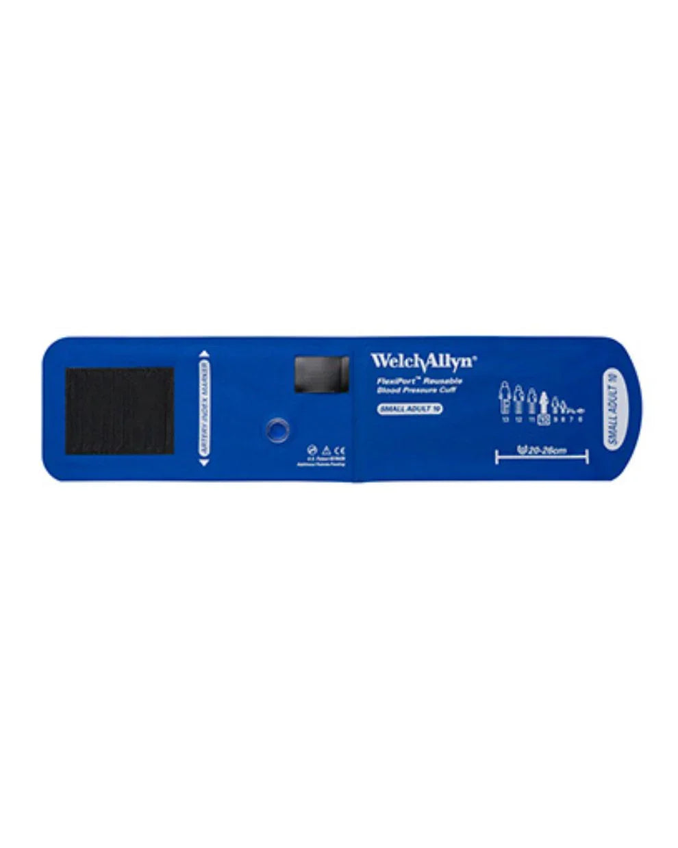 Blue reusable blood pressure cuff for small adult, no tube or connector, flat lay view
