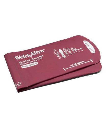 Maroon reusable blood pressure cuff for large adults, FlexiPort, size range 32-43cm.