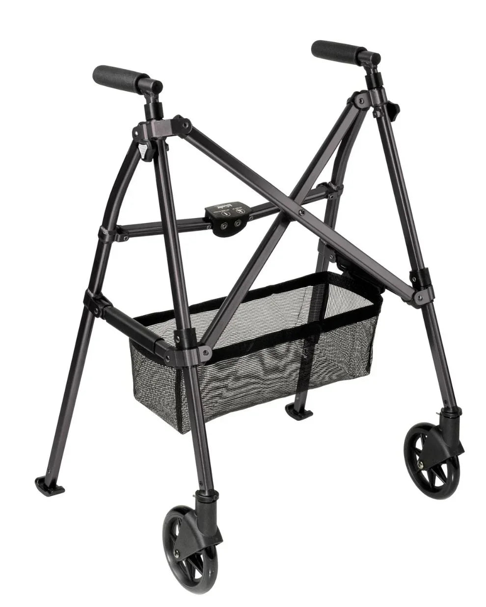 Lightweight folding rolling walker with four wheels and mesh basket, black frame