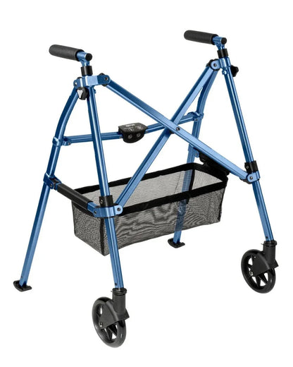 Lightweight blue folding rolling walker with wheels and mesh storage basket