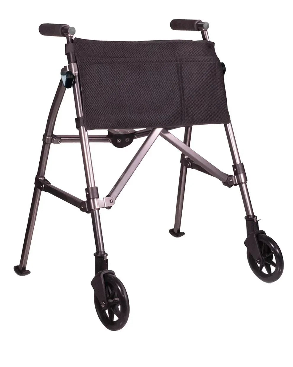 Lightweight folding rolling walker with large wheels and black fabric seat