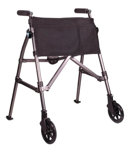 Lightweight folding rolling walker with large wheels and black fabric seat