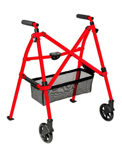 Red lightweight folding rolling walker with black mesh storage basket and wheels