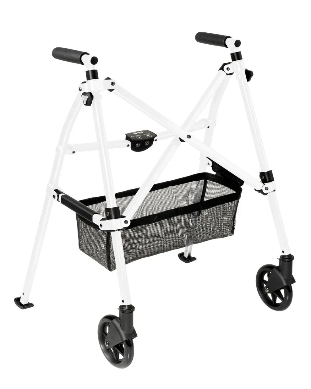 Lightweight folding rolling walker with black mesh basket and four wheels
