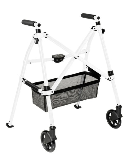 Lightweight folding rolling walker with black mesh basket and four wheels