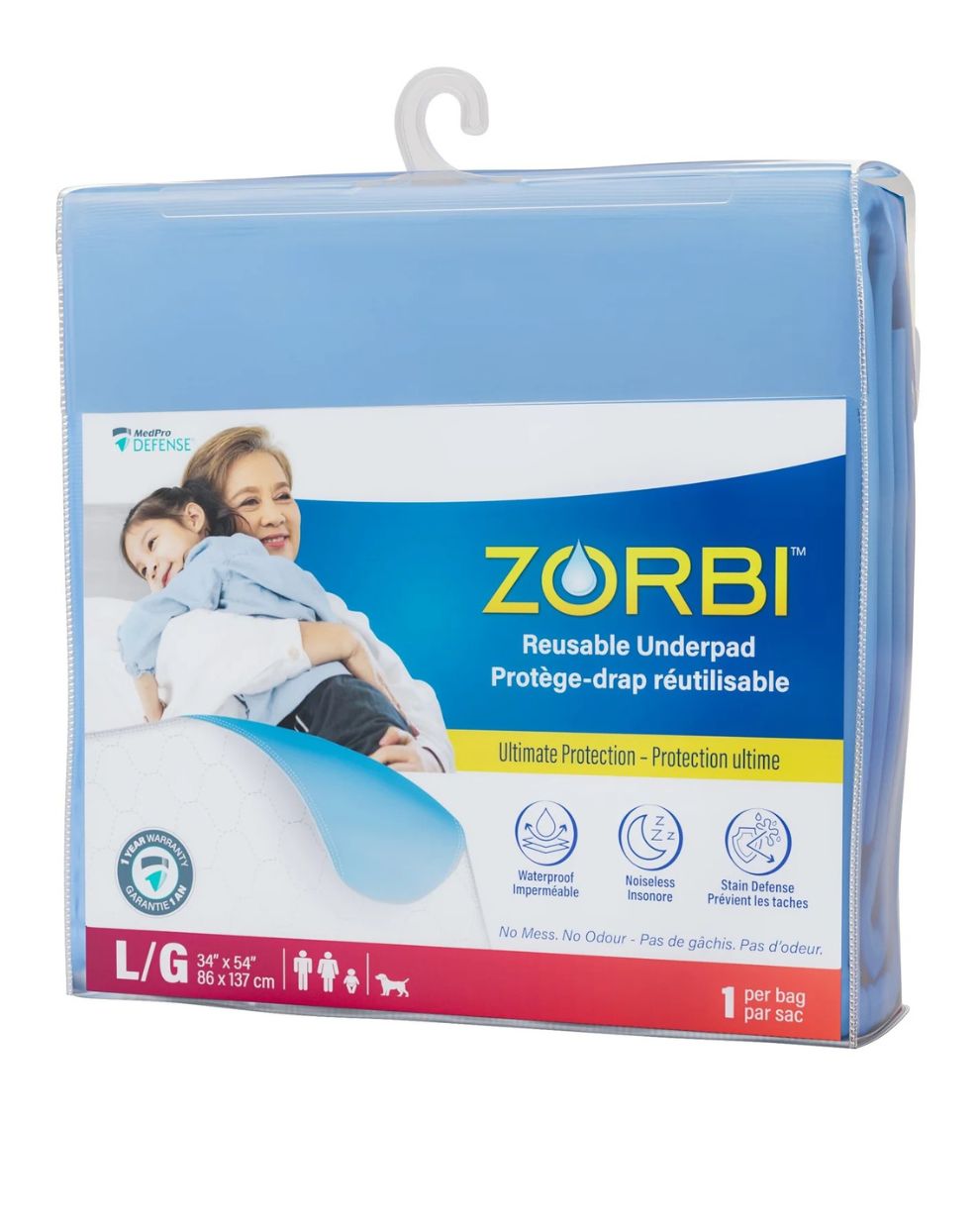 Zorbi Reusable Underpad, waterproof & stain defense, for home care, L/G size, 34" x 54", MedPro Defense