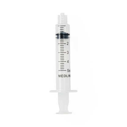 5ml medical syringe with measurement markings, clear plastic, isolated on white background