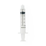 5ml clear plastic medical syringe with measurement markings on white background