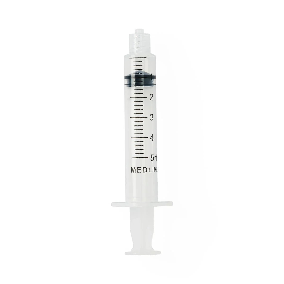 5ml clear plastic medical syringe with measurement markings on white background