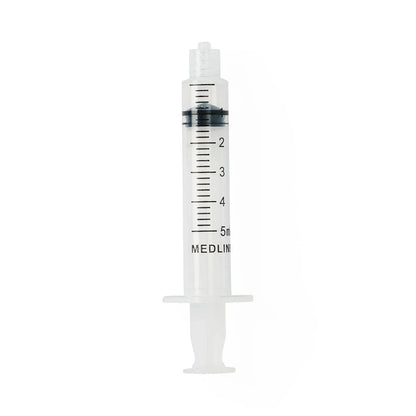 5ml clear plastic medical syringe with measurement markings on white background