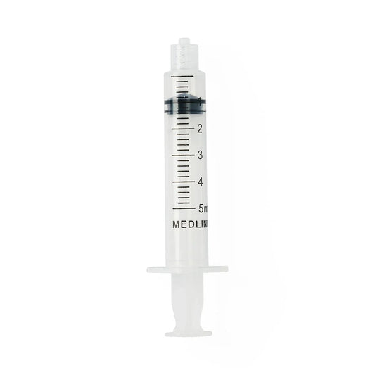 5ml clear plastic medical syringe with measurement markings on white background