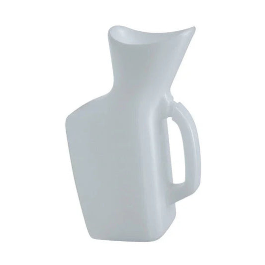 White plastic medical urinal with ergonomic handle for home care or hospital use