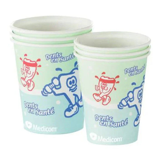 Medicom dental paper cups with cartoon teeth design, stackable, disposable for dental clinics