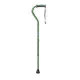 Green adjustable mobility cane with ergonomic handle and wrist strap for home care