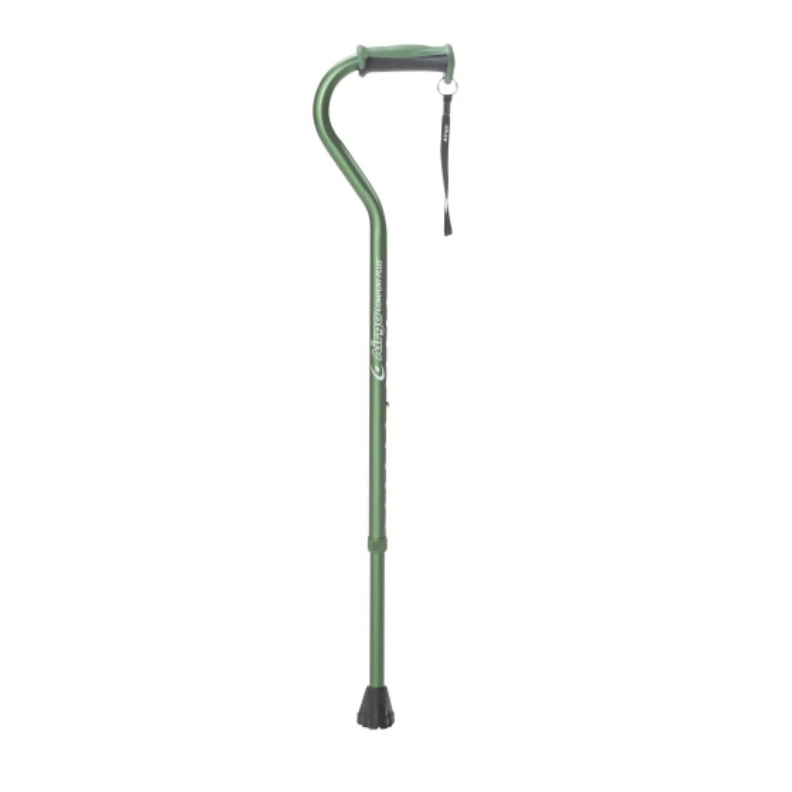 Green adjustable walking cane with ergonomic handle and wrist strap for mobility support