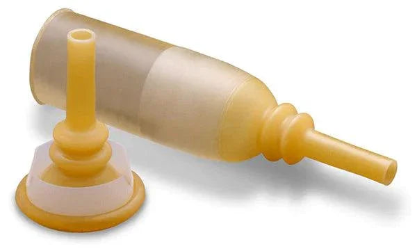latex male external urinary catheter for home care and medical use, shown on white background