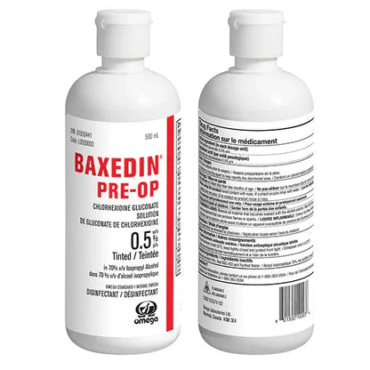 Two bottles of BAXEDIN Pre-Op chlorhexidine gluconate solution 0.5% disinfectant for medical use