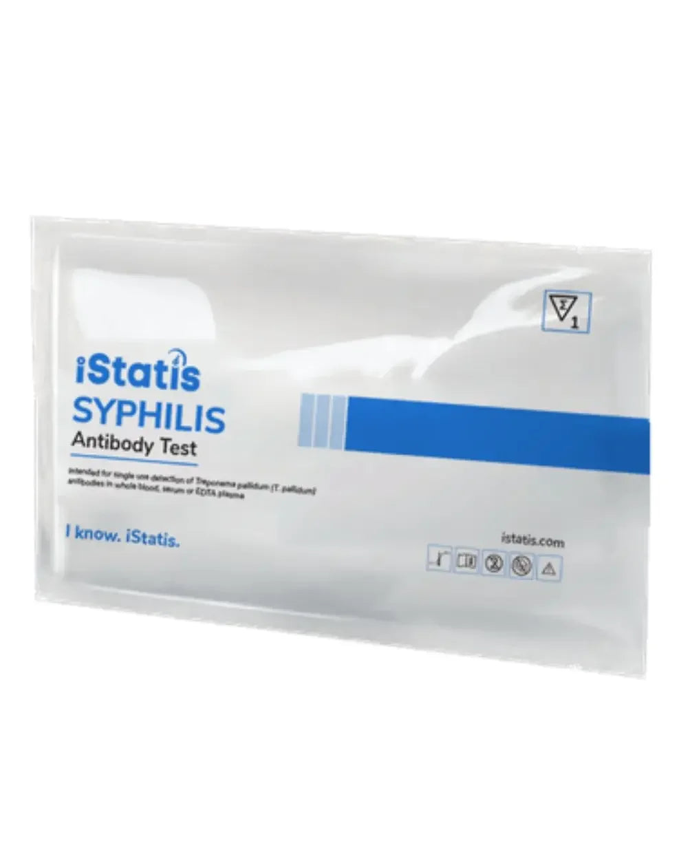iStatis syphilis antibody test kit in sealed white and blue packaging for rapid diagnostics