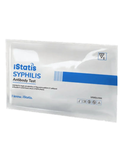 iStatis syphilis antibody test kit in sealed white and blue packaging for rapid diagnostics
