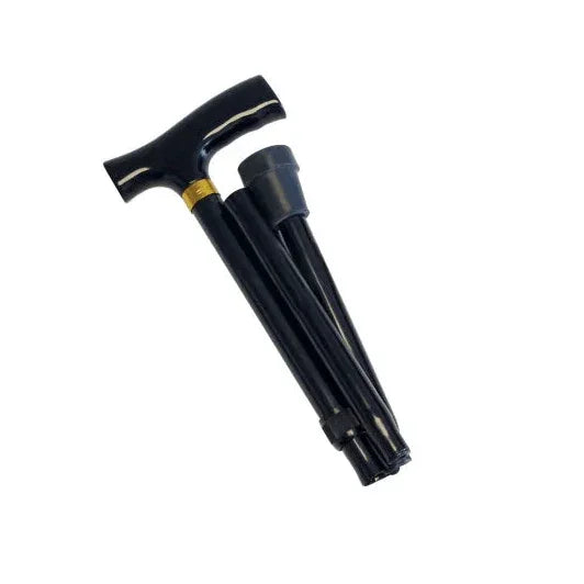 Foldable black walking cane with ergonomic handle, portable mobility aid on white background.