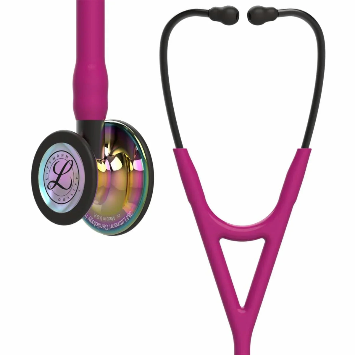 Pink and black cardiology stethoscope with rainbow chestpiece, medical supply close-up