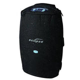 Black Eclipse portable oxygen concentrator cover with blue embroidered logo, standing upright