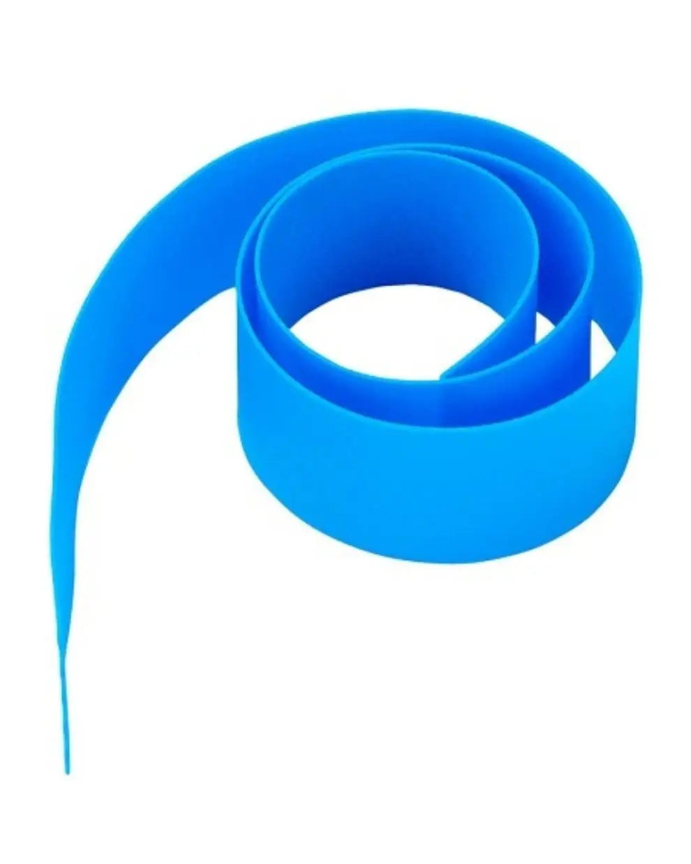 Blue silicone medical tourniquet coiled on a white background