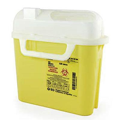 Yellow medical sharps container with white secure lid and biohazard label for safe needle disposal