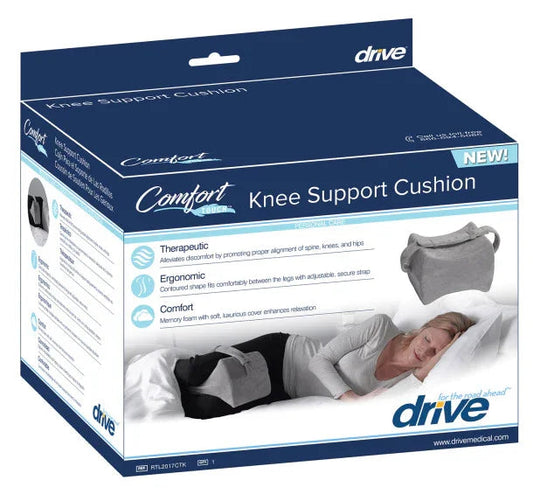 Knee support cushion packaging featuring ergonomic memory foam pillow for leg alignment