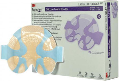 3M Tegaderm silicone foam border dressing with purple box for wound care, 6in x 6.75in size