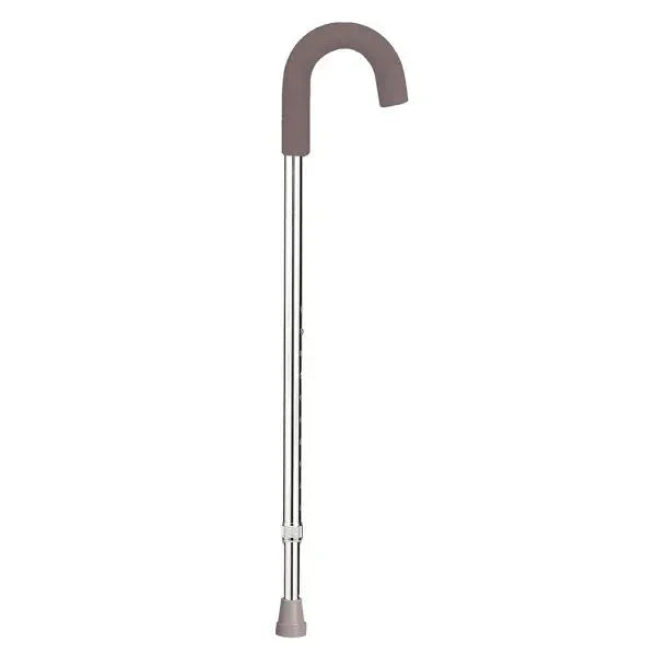 Adjustable metal walking cane with ergonomic brown handle and rubber tip for mobility support