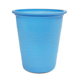 Blue disposable plastic drinking cup, ribbed sides, for medical or home use
