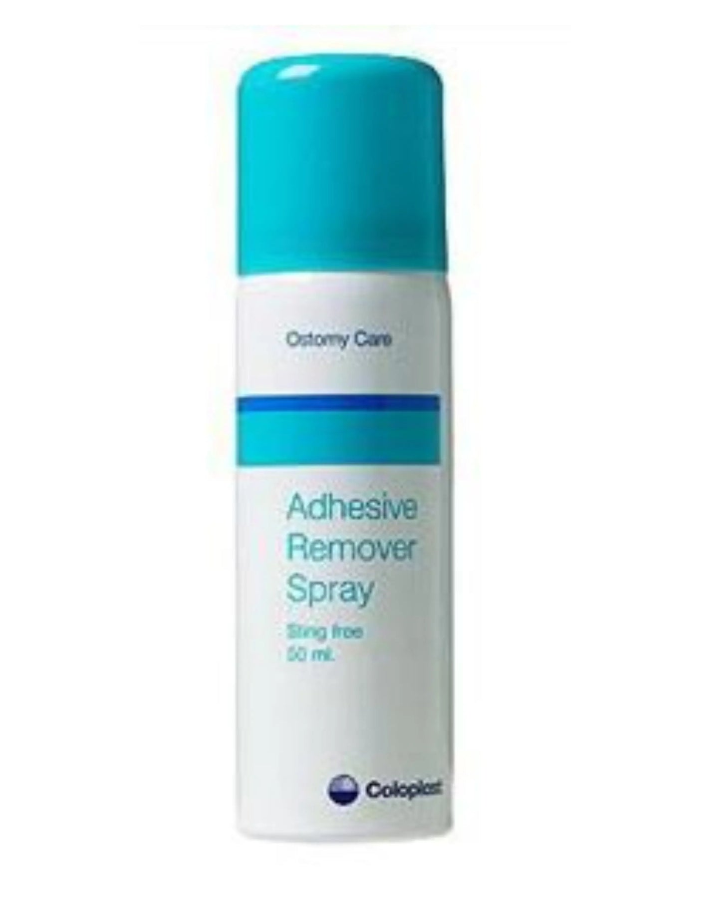 Coloplast ostomy adhesive remover spray 50ml in white and turquoise bottle for medical care