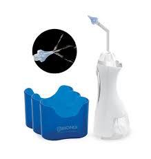 White medical spray device with angled nozzle and blue holders for dental care or hygiene