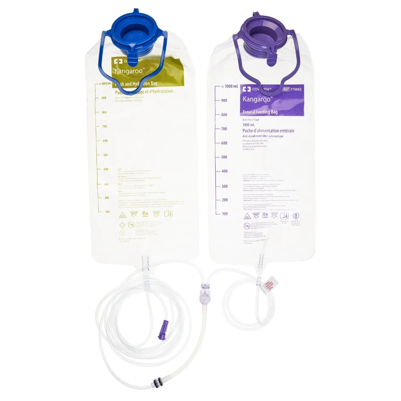 Two Kangaroo medical feeding and hydration bags with measurement markings and attached tubing