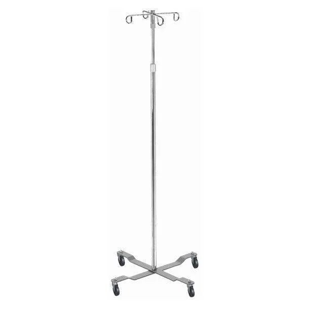 Adjustable stainless steel IV pole with four hooks and rolling casters for medical use