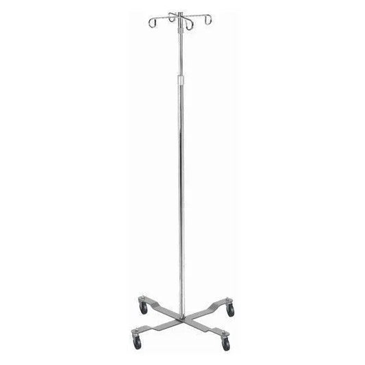 Adjustable stainless steel IV pole with four hooks and rolling casters for medical use