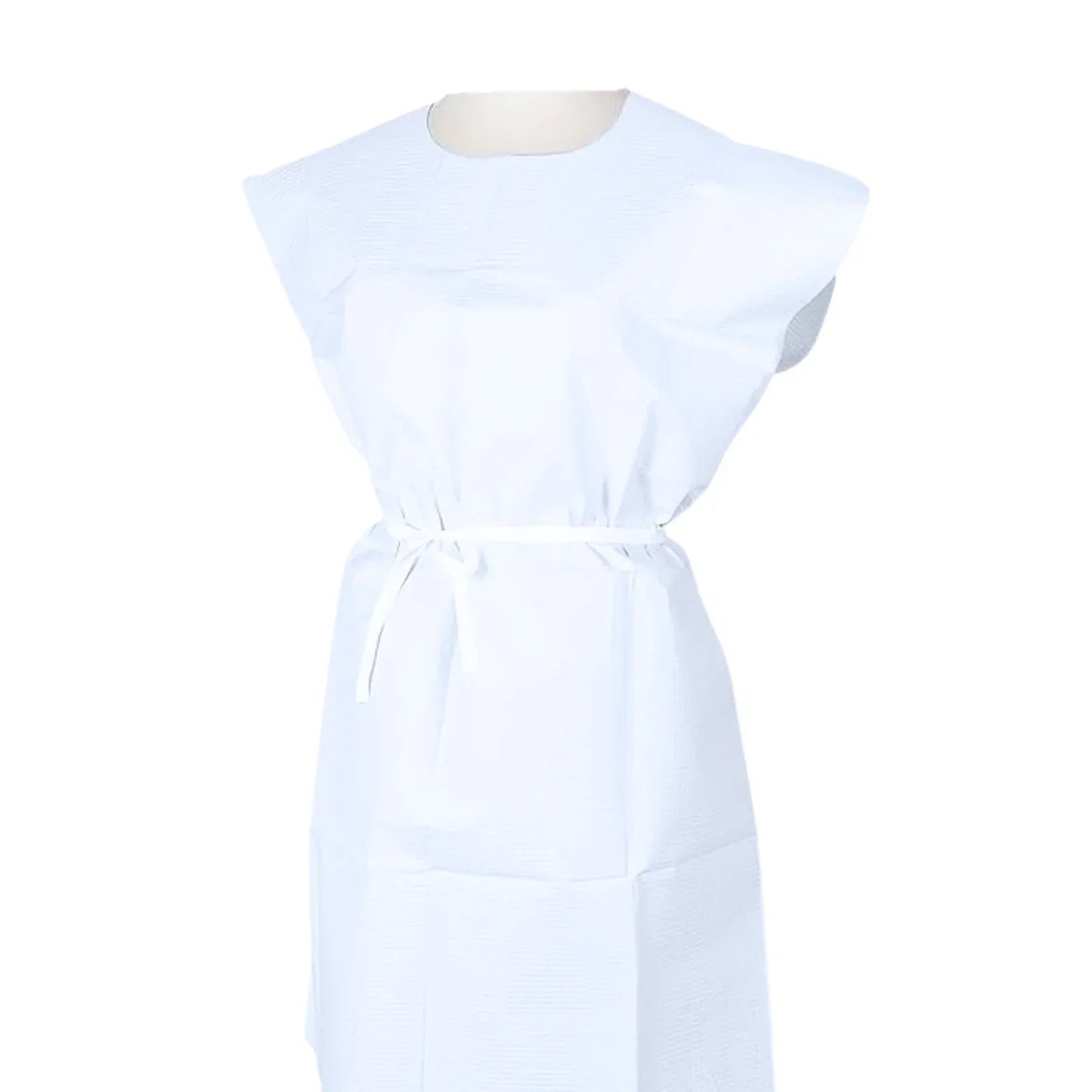 Disposable white medical gown with tie waist for healthcare or home care use